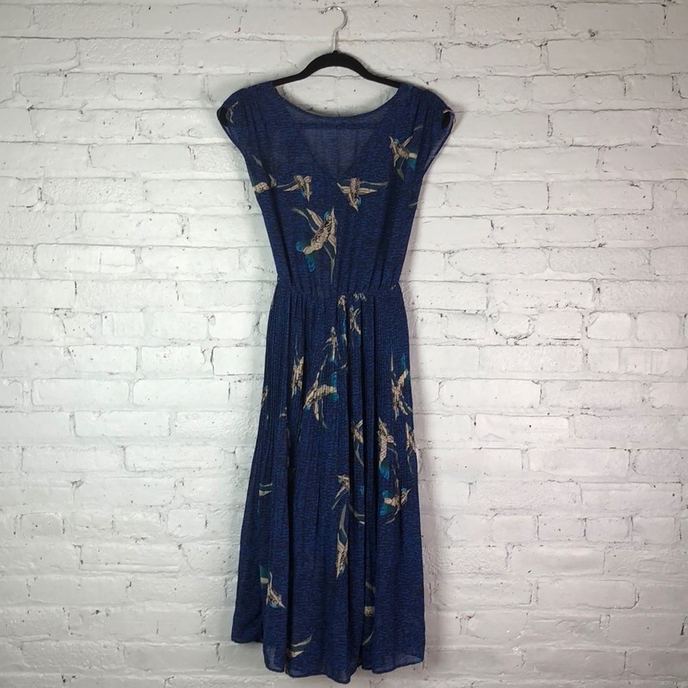 Blue bird print summer midi dress